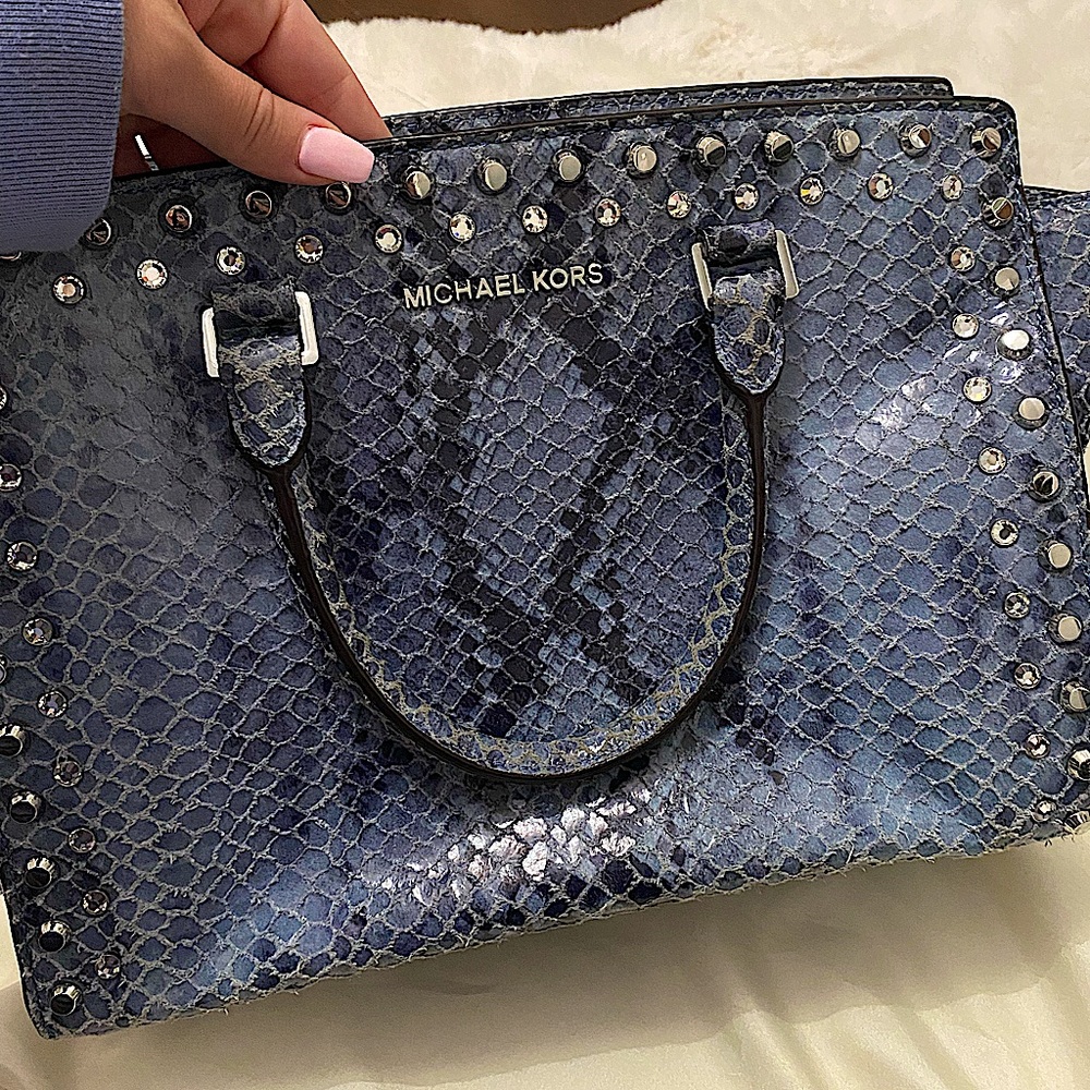 Michael Kors - Studded Leather/ Velvet Satchel blue bag